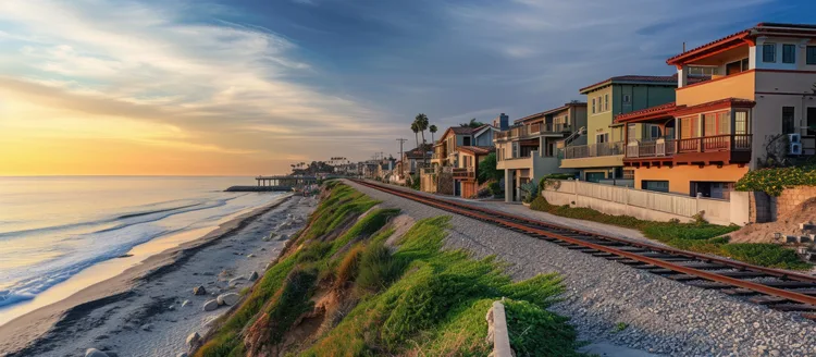 Coastal homes beside the beach and rail line in Del Mar at sunset