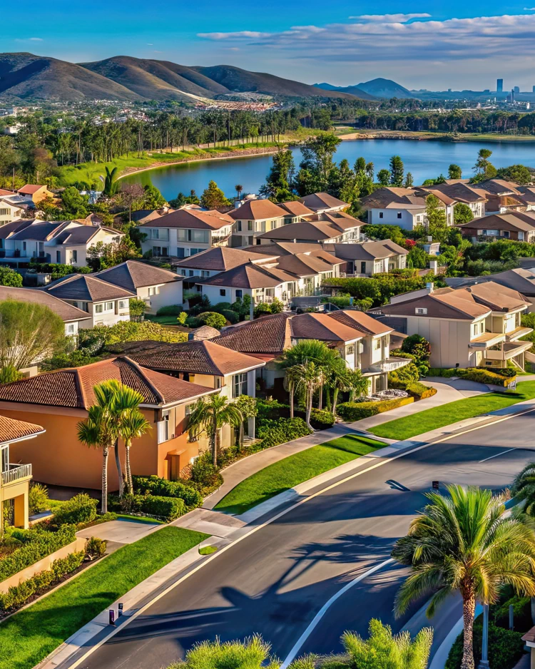 Daylight aerial view of residential neighborhoods, open space, and a lake in the Eastlake area