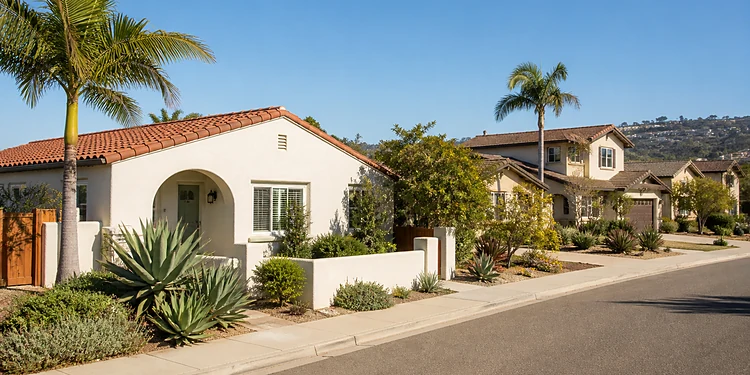 Daytime San Diego neighborhood with two residential homes, palms, and blue sky