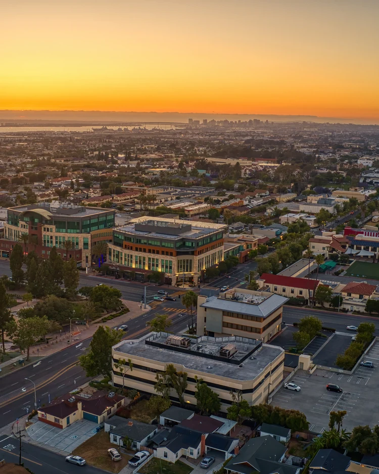 Aerial view of residential neighborhoods in Chula Vista at sunset