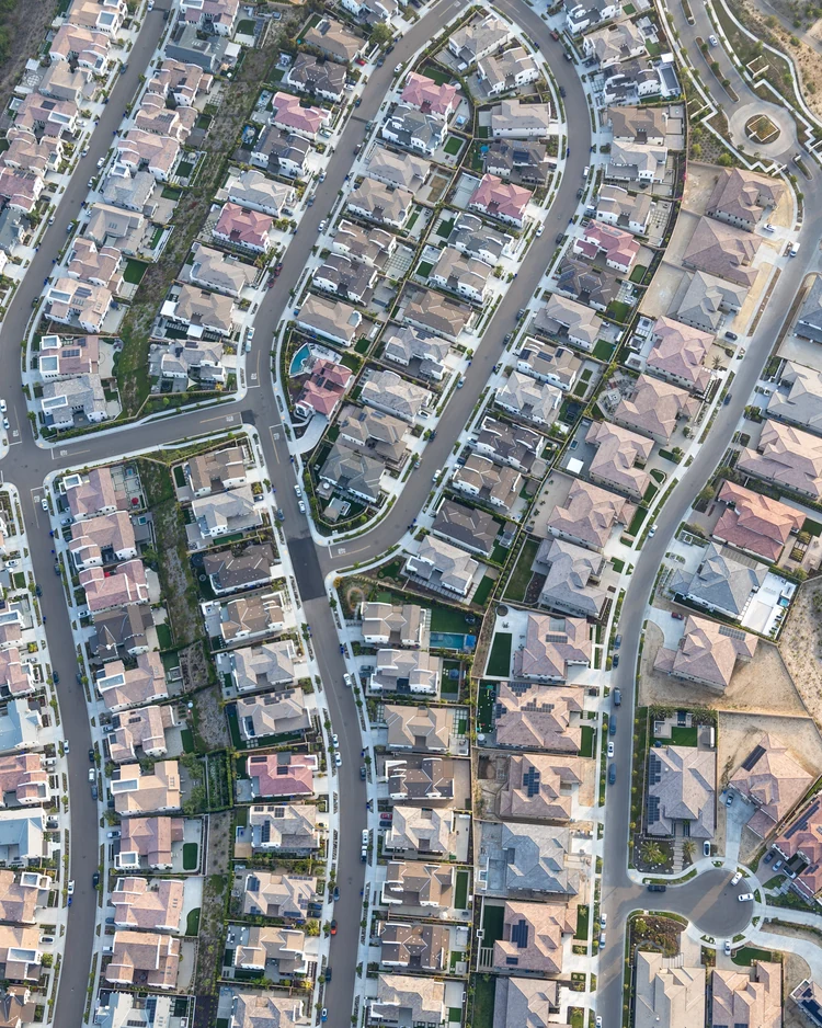 Aerial view of planned residential streets and homes in the Carmel Valley area
