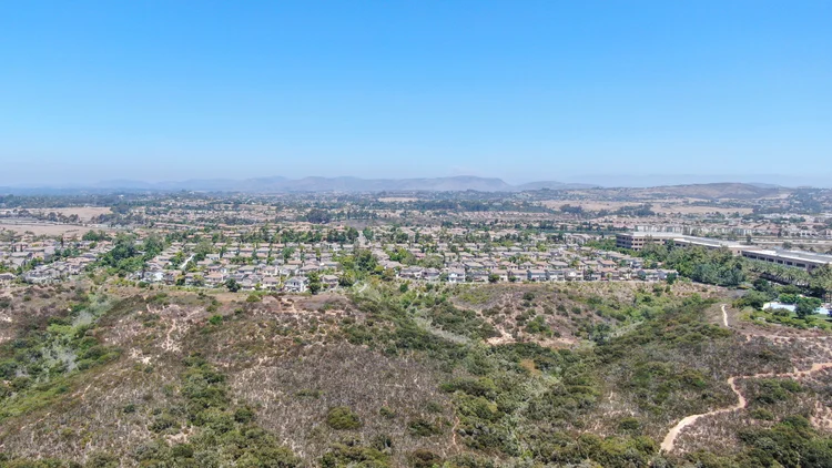 Residential neighborhood beside an open canyon under a clear sky